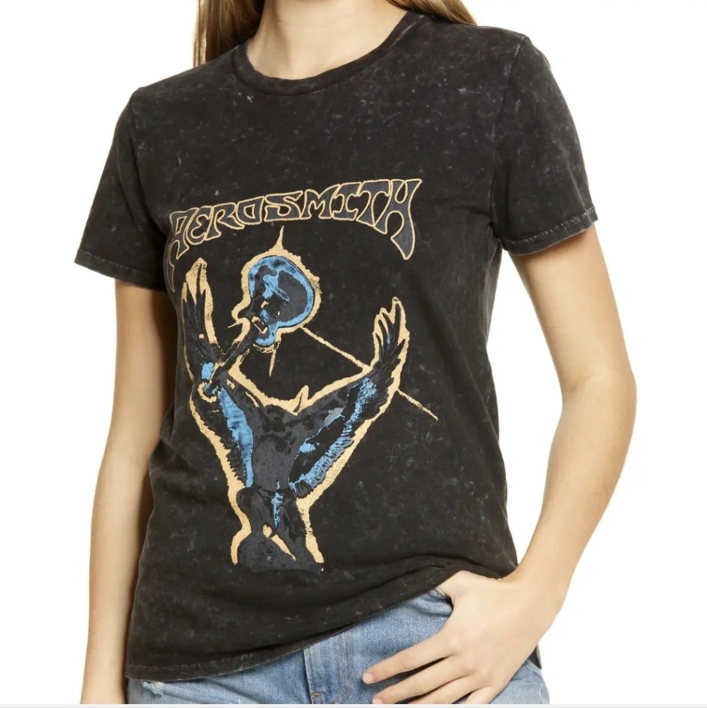 NWOT Nordstrom Aerosmith Black Vintage Wash Graphic Tee Size Small